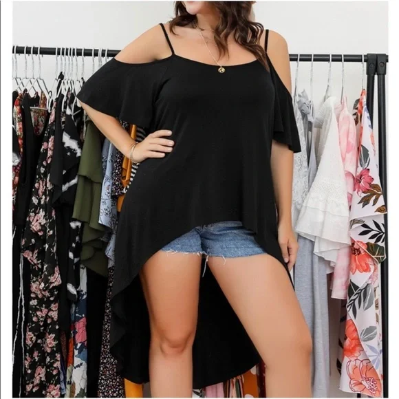 Plus Size Drop Cold Off shoulder Hi low Lace Cut Out Back Top Blouse Tee Black - Picture 3 of 5